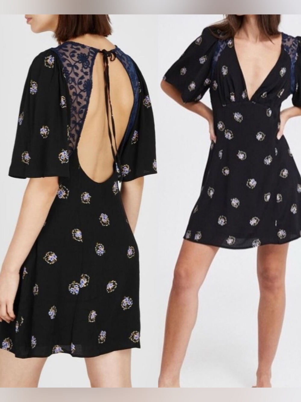 Free People Black Mini Dress with Purple Floral Print and Lace Back